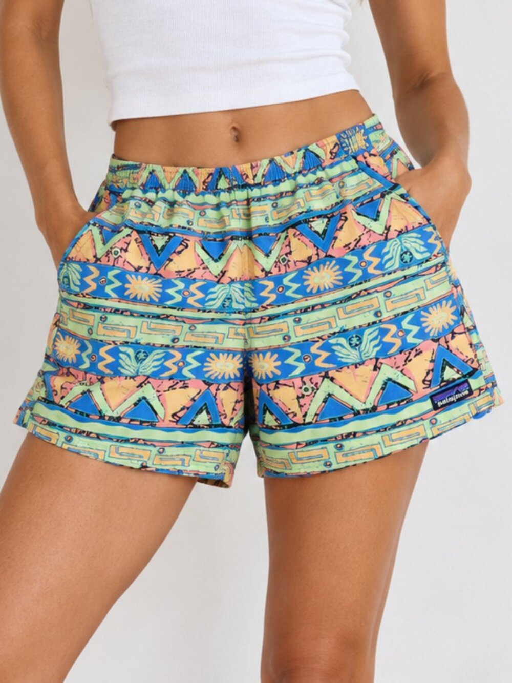 Patagonia Women Baggies Shorts High Hopes Geo Salamander Green XL Retro Print 5"